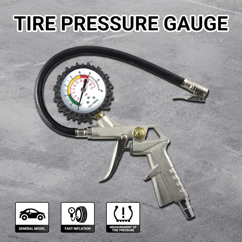 Pneumatic Part Tools Straight Chuck 0-220 psi Analog Truck Air Tire Pressure Gauge with Flexible Hose