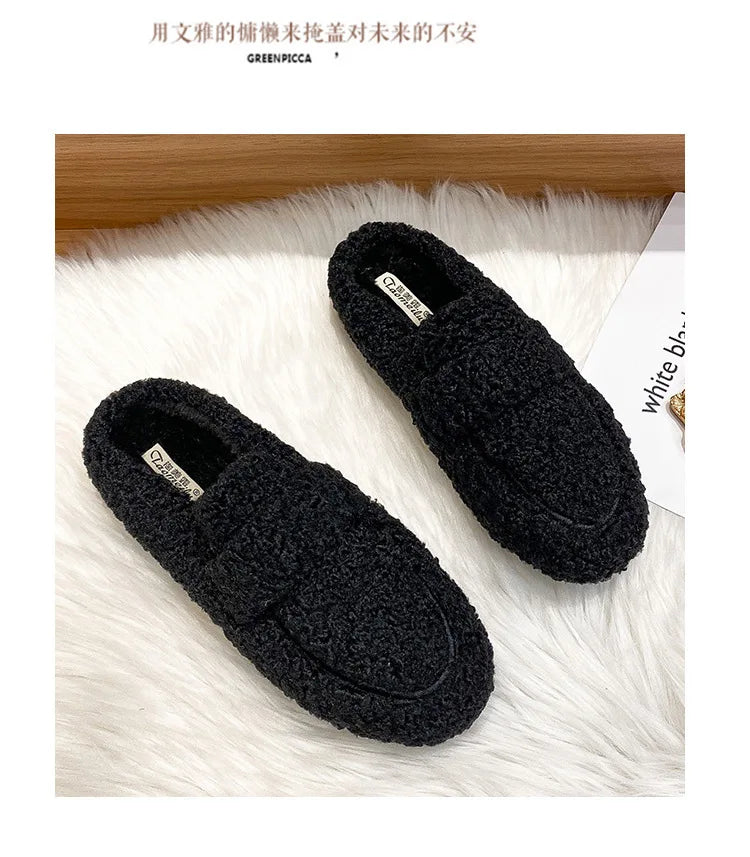Winter Warm Plush Mules Women One Band Fur Slippers Cozy Cotton Shoes Woman Flats Cover Toe Fleeces Slides Femme Wool Pantuflas