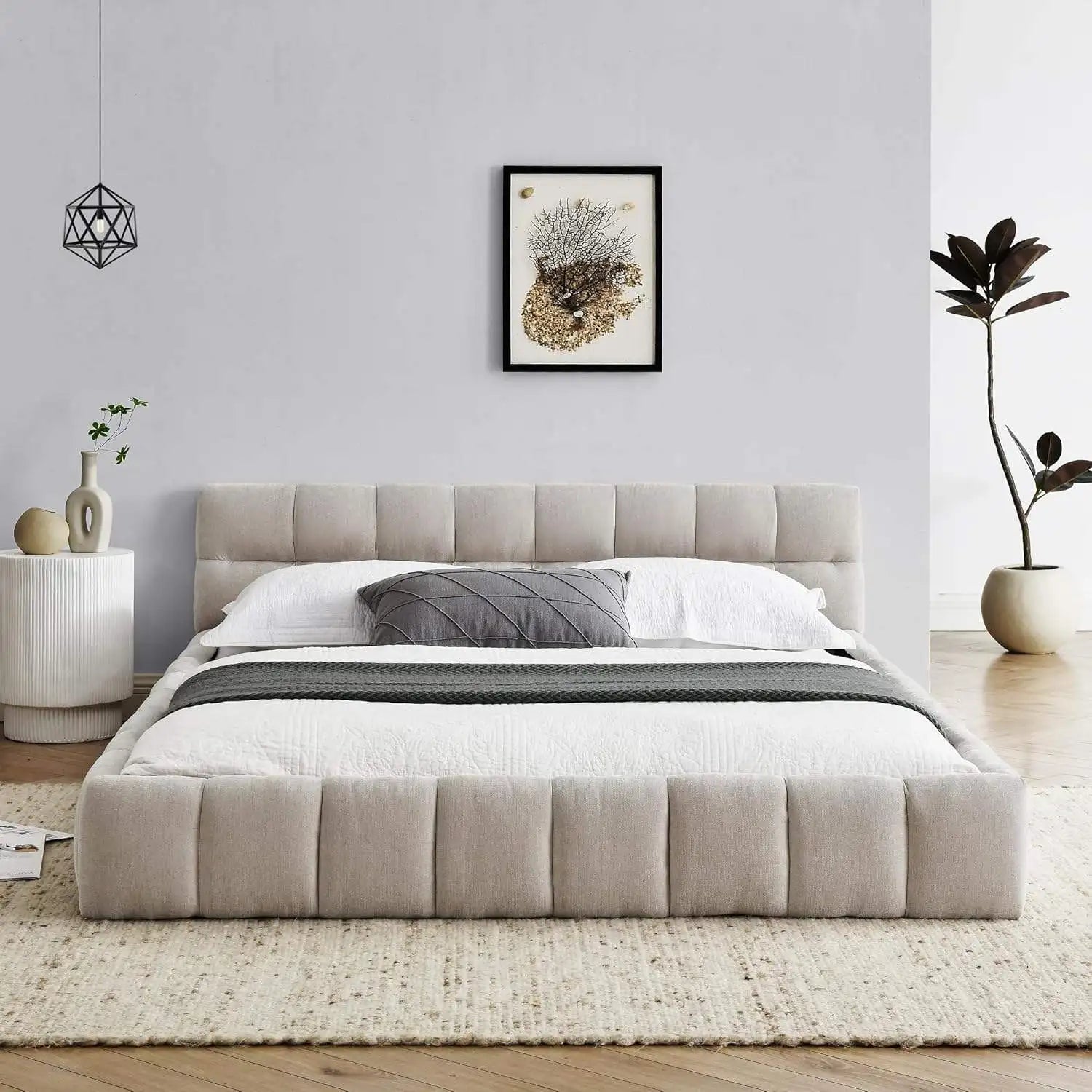 M Queen Size Upholstered Bed Frame Durable Bedroom Furniture Chenille Fabric Platform Bed Frame with Tufted Headboard