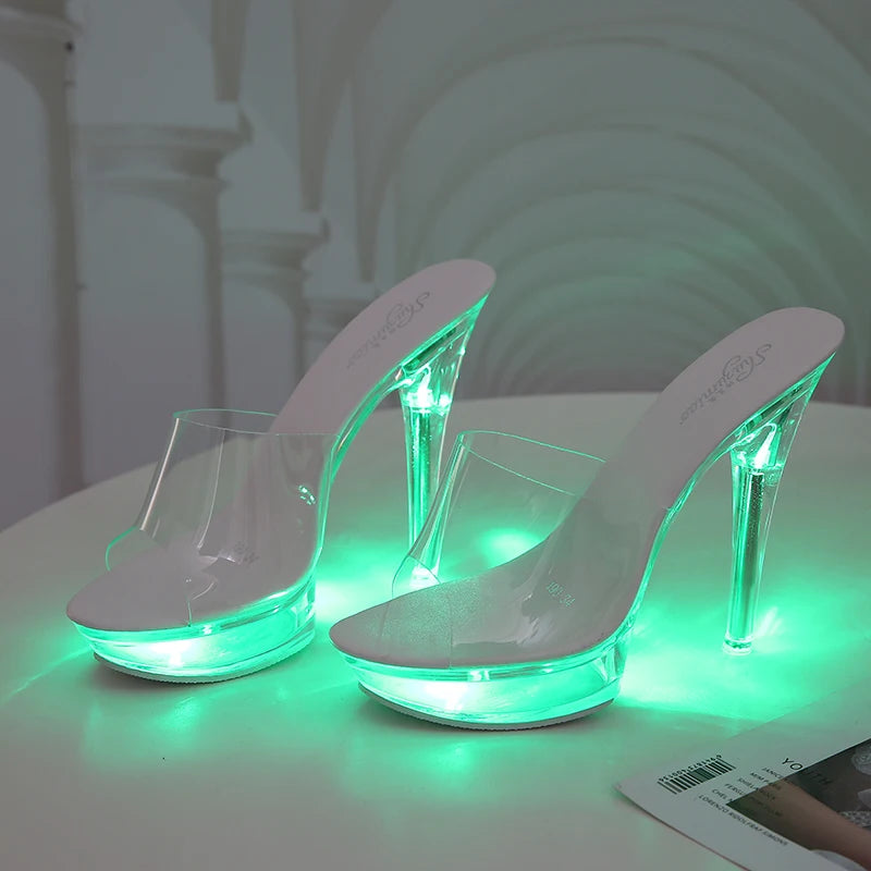 Fashion Summer Led Lights Sandals Women Clear Transparent Party Thin High Heels Platform Shoes Female Luminous Slippers WS308