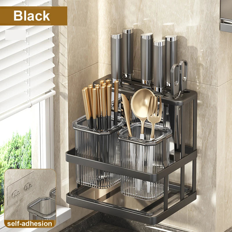 Wall Mounted Kitchen Cutlery Organizer Knife Spoon Fork Chopstick Drain Rack Drainer Utensil Kitchen Storage Punching Free NEW