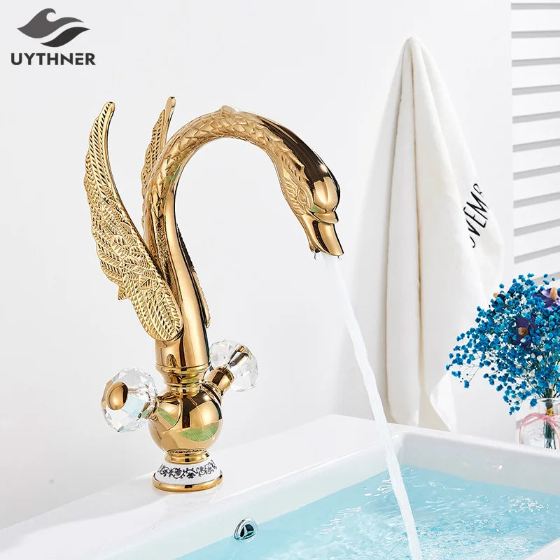 Luxury Gold Swan Basin Faucet Deck Mounted Bathroom Faucet Hot and Cold Water Mixer Tap Bath Water Faucet Basin Sink Taps