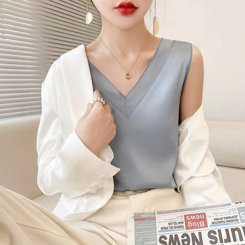Milan New Style Hot Selling Ladies Spring Summer Autumn Luxury V-neck Real Silk Halter tank Top Women