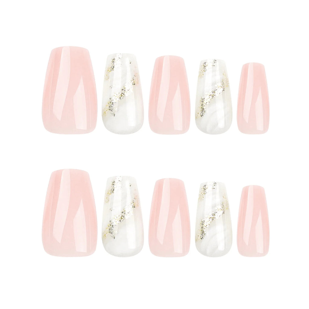 24 Pcs Pink and White Ombre with Gold Glitter Accent Nail Design Acrylic Press on Nails Artificial Fingernails False Nails 3224