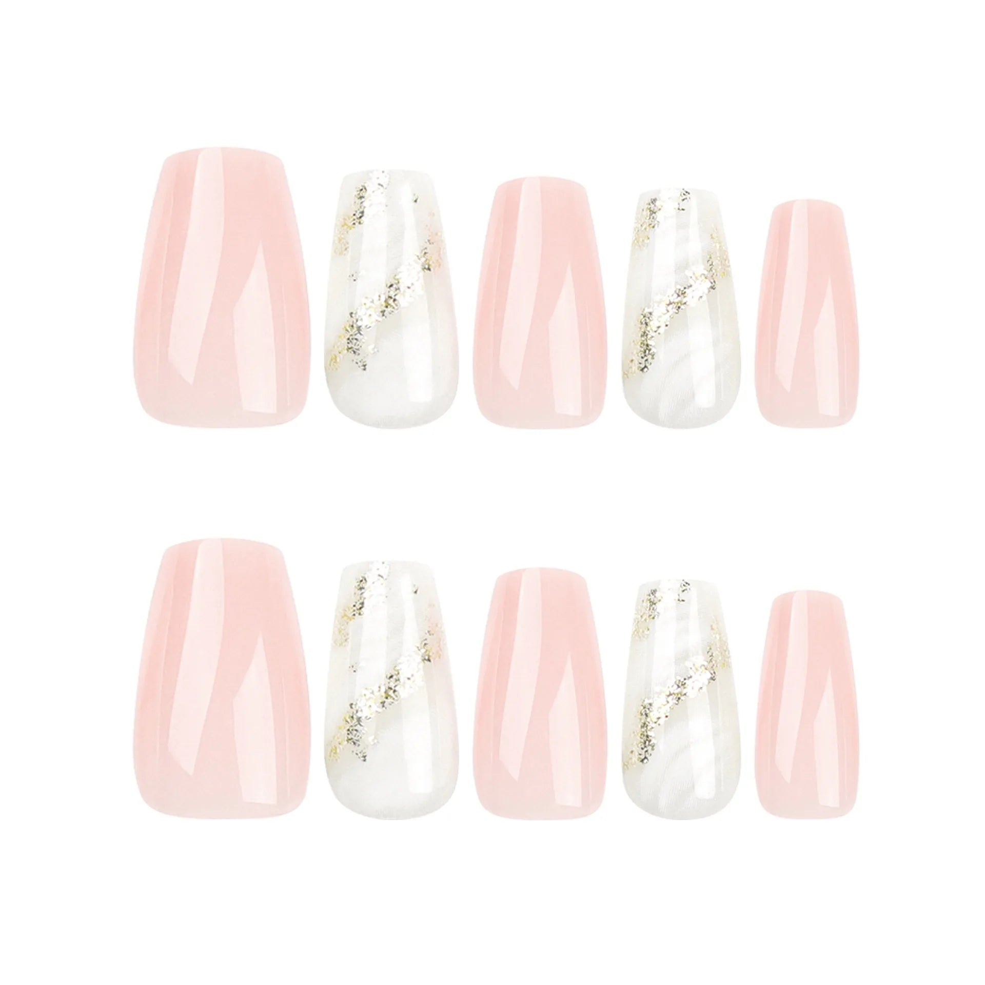 24 Pcs Pink and White Ombre with Gold Glitter Accent Nail Design Acrylic Press on Nails Artificial Fingernails False Nails 3224