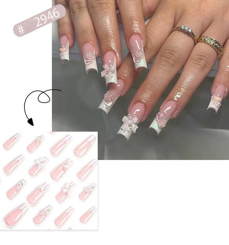 Dropshipping 24 Pcs French Style Romantic Art Acrylic Press on Nails Artificial Fingernails Candy False Nails Dating  Party 2792