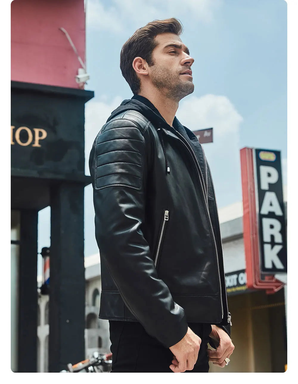 FLAVOR Men's Leather Motorcycle Jacket Black Sheepskin Real Leather Jacket With Removable Hood