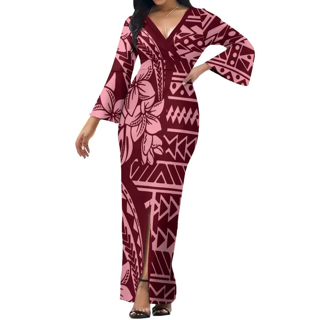 Hot Selling Flower Polynesian Tribal Bell Sleeve V Neck Long Maxi Slit Dress Custom Plus Size Womens Dresses Island Style Dress