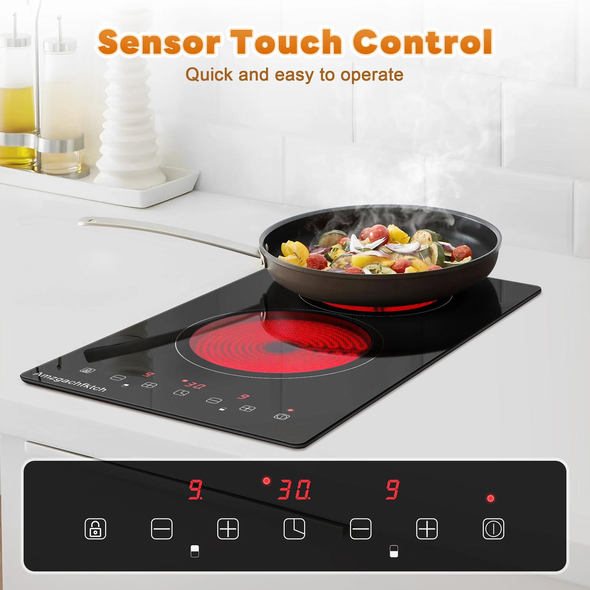 2 Burner Electric Cooktop, 12 Inch Built-in Ceramic Stove Top with Child Safety Lock, Timer & Residual Heat Indicator, 3000W