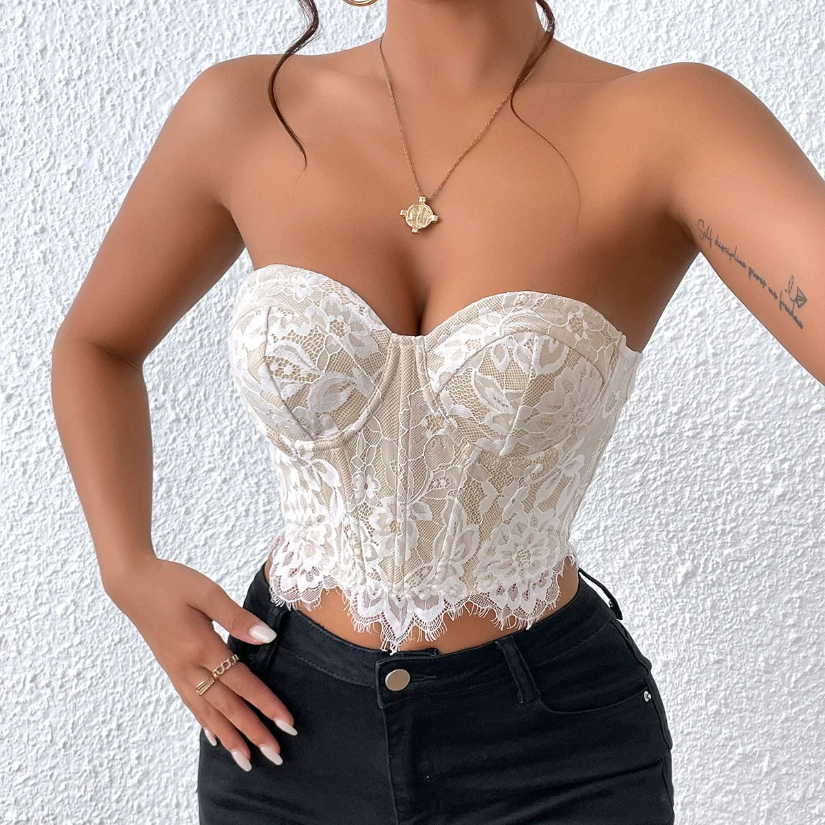 XS-L   European and American Women's Tops Sexy Lace Border Flower High-end Interior Strapless Vest