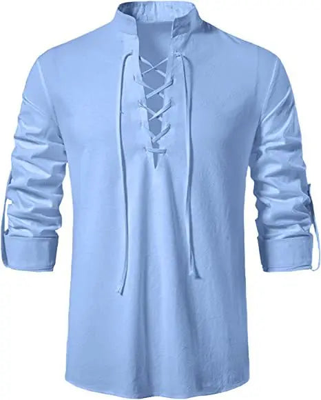 Men's Retro Hippie Beach T Shirt-Summer Casual Short Sleeve Tops Breathable Twill Cotton Linen Stand Collar Henry Drawstring