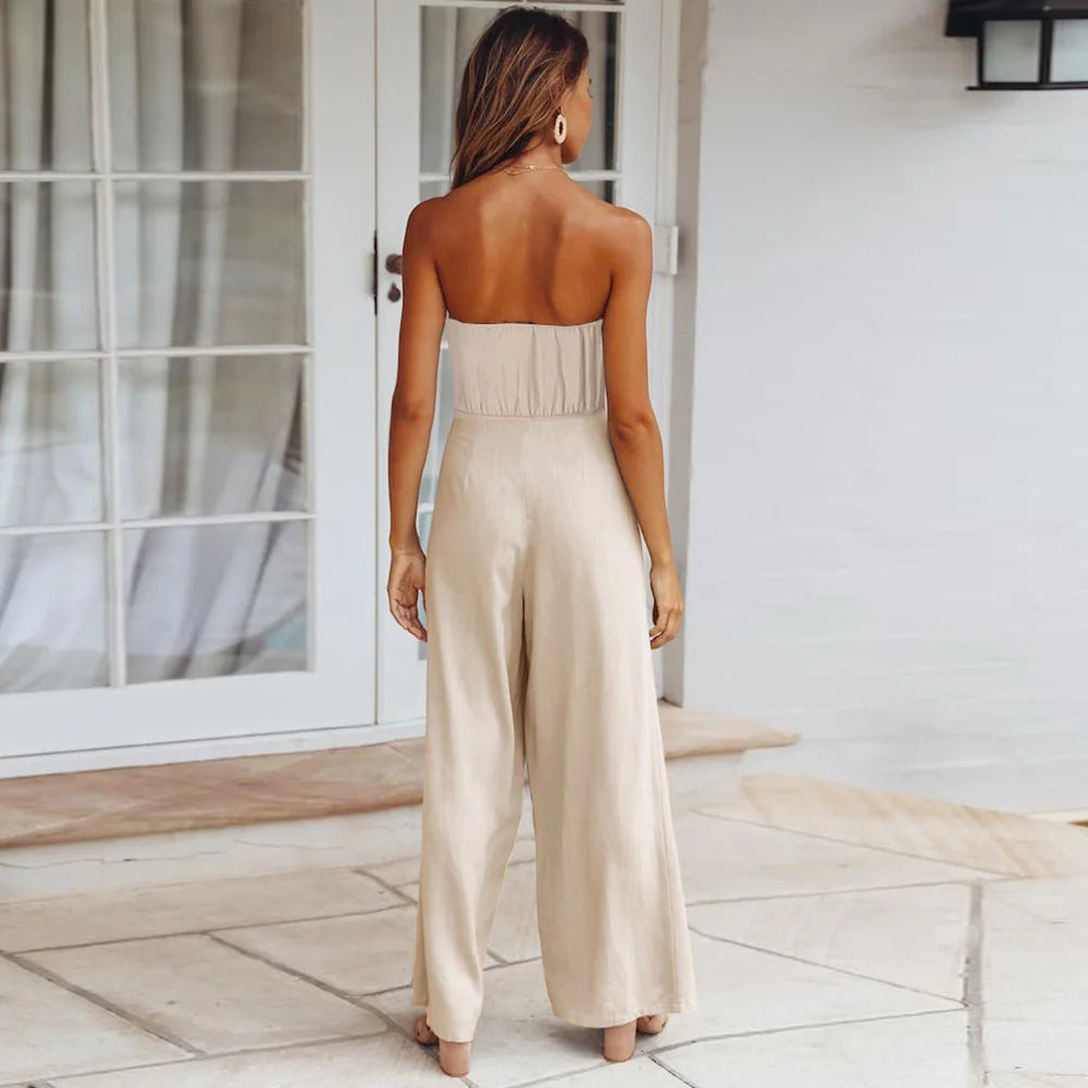 New Style Women's Summer Casual Breathable Loose Solid Color Sleeveless Jumpsuit Strapless Wide Leg Long Pants Party Set