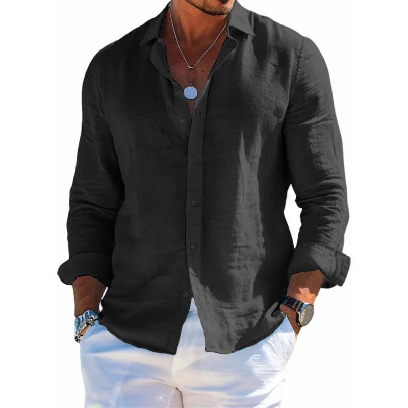 Summer Men's Solid Fashion Versatile Shirt Beach Shirts Men Long Sleeved Cardigan Tops Turn Down Collar Slim Fit