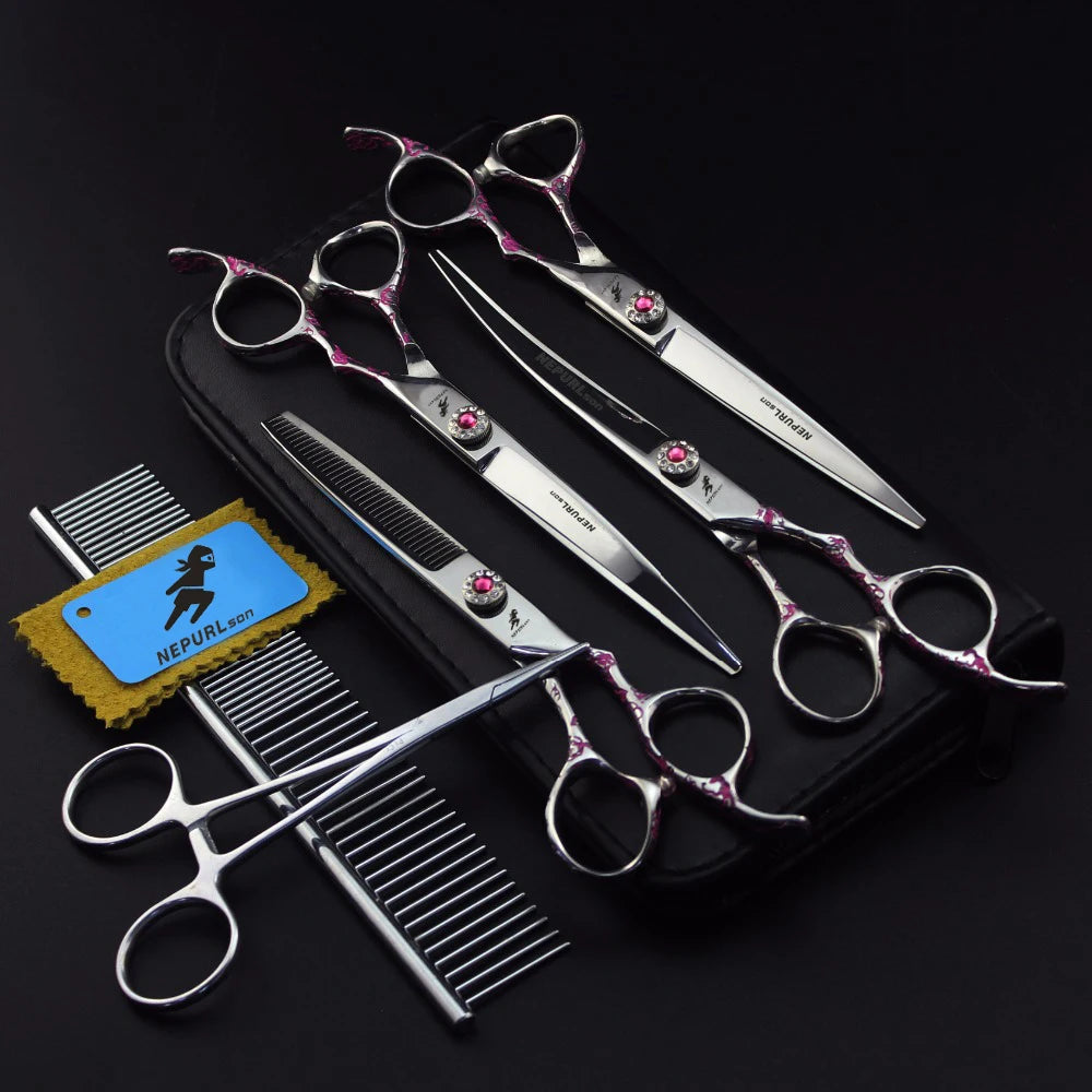 7.0 Inch  Pink plum Handle  Veterinary Animal Shaped Scissors Pet Grooming Scissors Pet Fishbone Teeth 5 Scissors Set PTS-114