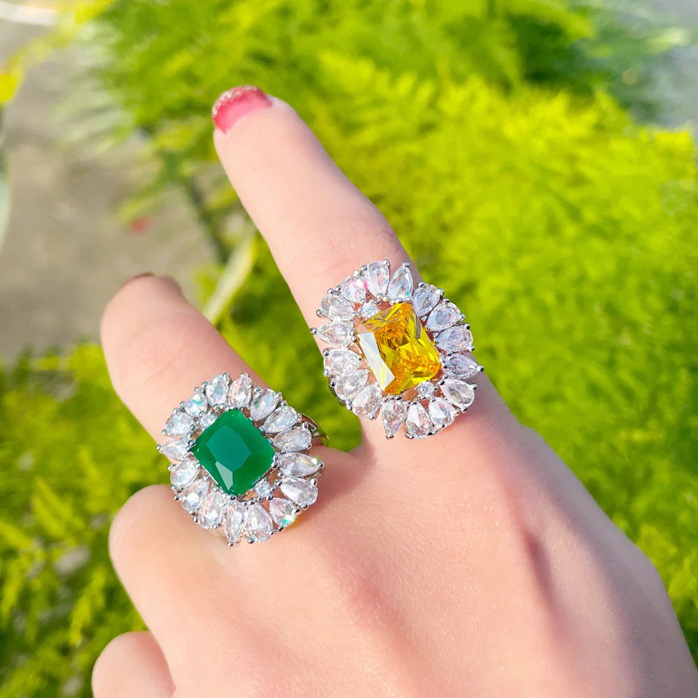 Exquisite Bling Red Cubic Zirconia Luxury Engagement Party Jewelry Big Sun Flower Finger Open Cuff Rings for Women