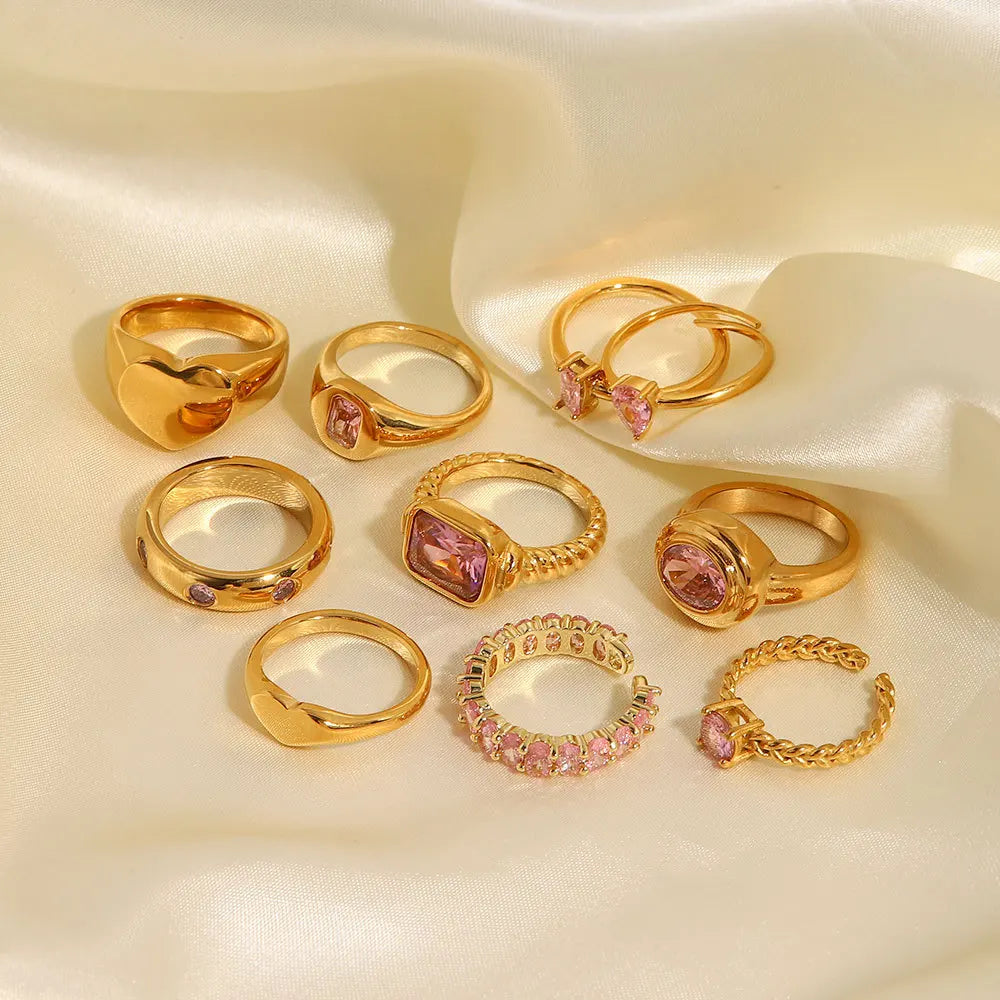 RFJEWEL Shiny Stainless Steel Gold Plated Rings with CZ Stones Adjustable Rings Pink Stone Simple Rings