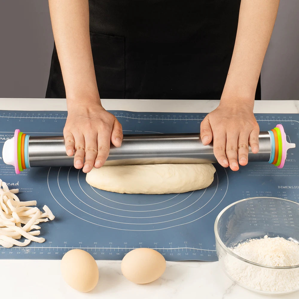 17 Inch Adjustable Thickness Rings 430 Stainless Steel Rolling Pin Baking Dough Pizza Pies Pastries Pasta Cookies Rolling Pins