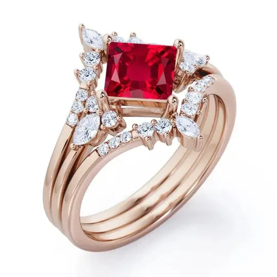 925 Sterling Silver 18K Gold Plated Princess Cut Lab Created Ruby Classic Solitaire Double Crown Engagement Ring for Party