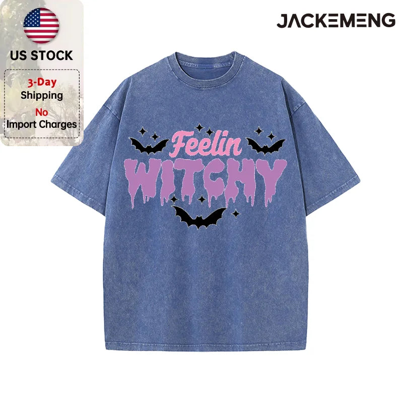 Oversized Washed Retro Halloween Streetwear Print T Shirt USA Stock Wholesale Y2K Casual Tee