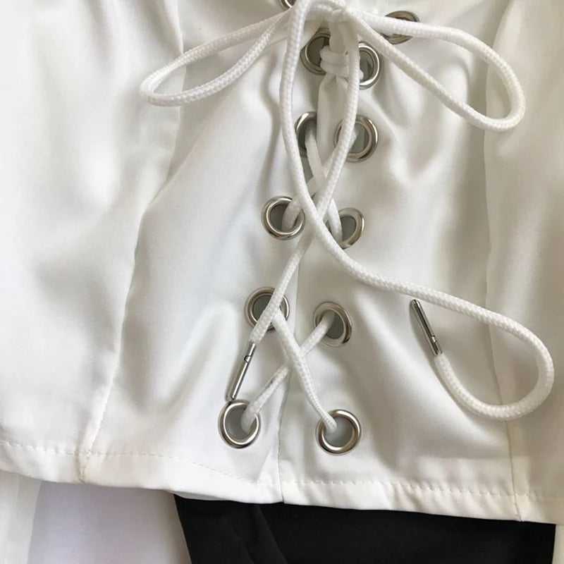 Womens Off Shoulder Top Long Sleeve Ruffle Vintage Blouse With Puff Sleeves Lace up Ladies Tops Bandage Crop Tops