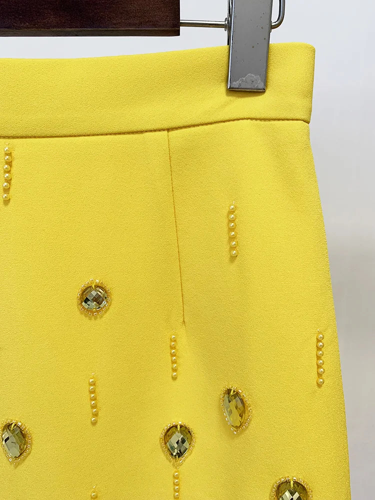European Style Lady Office Work Suit Fine Workmanship Beading Rhinestone Turtleneck Tops Pencil Mini Skirt Women 2Pcs
