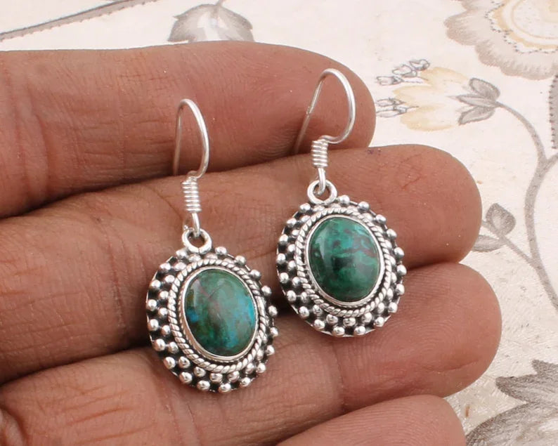 Vintage Men's Women's 925 Sterling Silver Hoop Earrings with Green Bloodstone Gemstones Alternative Gift for Easter or Birthdays