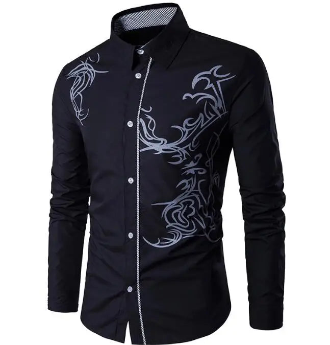 New Hot Chinese Style Dragon Pattern Print Long-sleeves Shirt Men's Social Business Slim-fit Lapel Shirt Male Tops