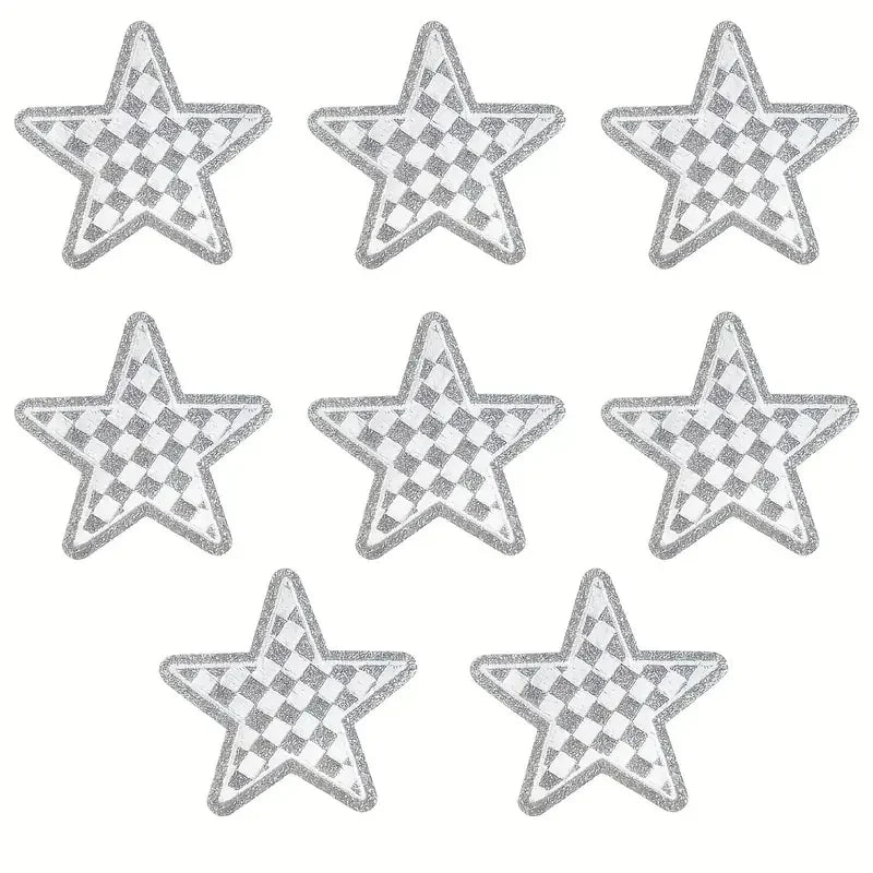 8 Pcs Glitter Star Iron on Patch Set Checkered Sequin Applique Embroidery DIY Badge for Clothes Backpack Hat Jacket Decor