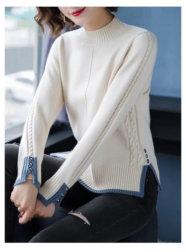 New Korean Women Base Sweater Loose Contrast Color Ladies Half High Neck Split Spring Autumn Pullover Sweaters Pull Tops Femme