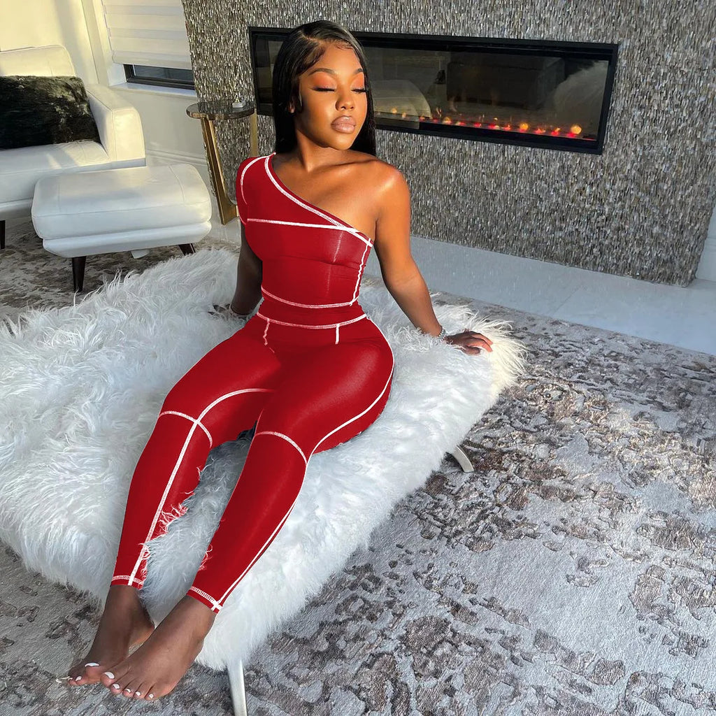 Custom Logo Private Label Sleeveless One Shoulder Jumpsuit Striped Bodycon Jumpsuit Pants