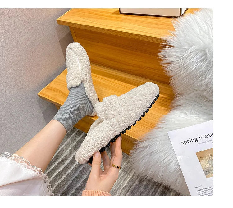 Winter Warm Plush Mules Women One Band Fur Slippers Cozy Cotton Shoes Woman Flats Cover Toe Fleeces Slides Femme Wool Pantuflas