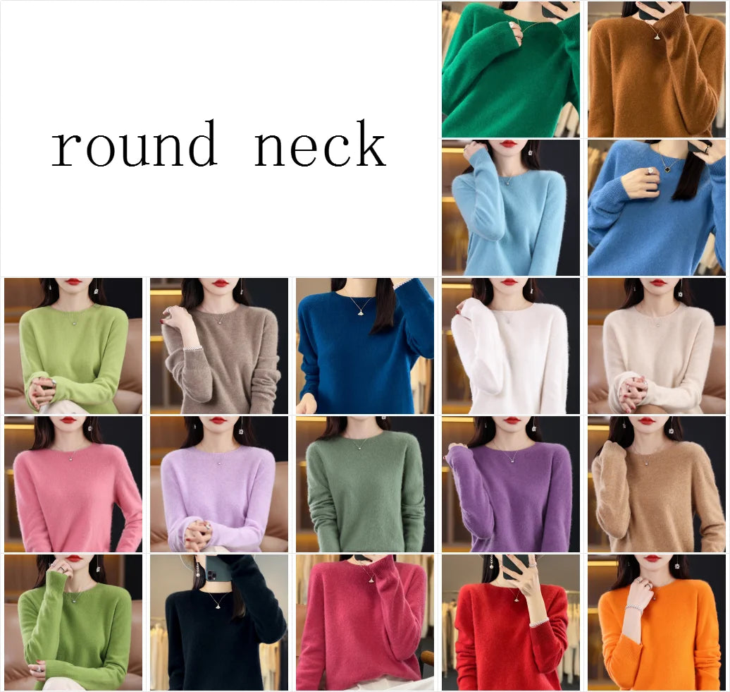 S-XXL Round Neck 100% Cashmere Knit Women's  Pullover Loose Bottom Sweater Autumn/Winter New Solid Color Sweater