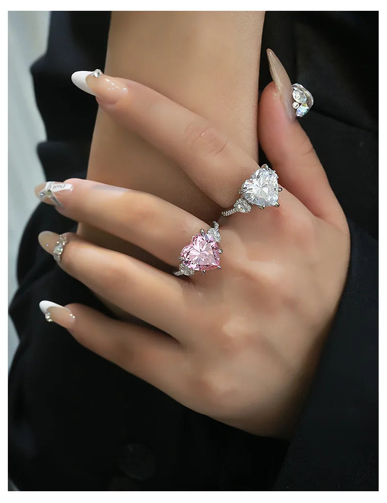 Fashion S925 Sterling Silver 12*12mm Heart Shape Stone Cz Cubic Zirconia Luxury Wedding White pink Diamond Rings for Women