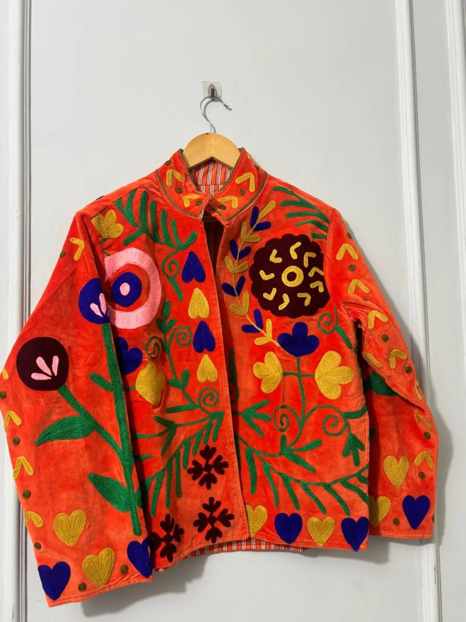 Handmade Sujani Embroidered Knitted Breathable Cotton Quilted Bomber Jacket Boho Folk Art Sustainable Winter Letter Wool