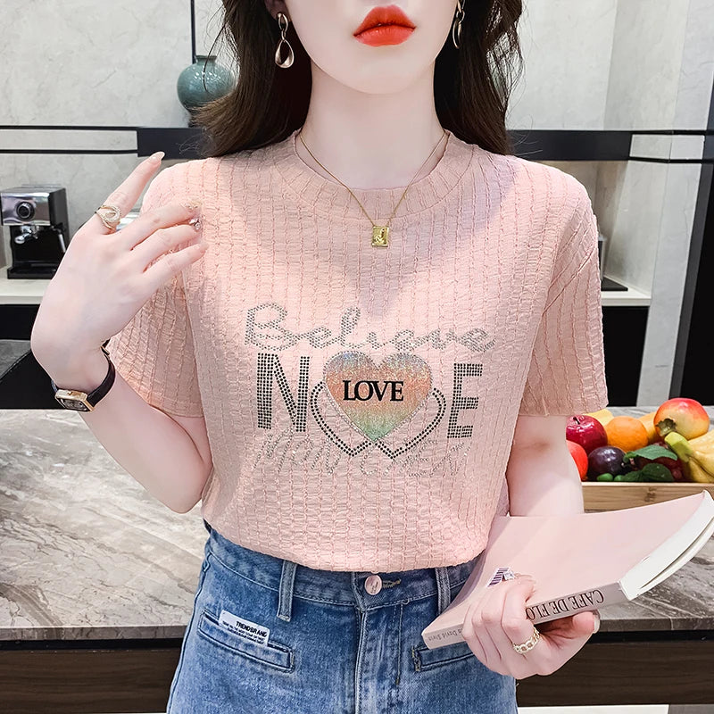 Korean Station Top Light Mature Short Sleeve Women's Loose Hot Diamond Women's T-shirt Versatile Women's Wholesale