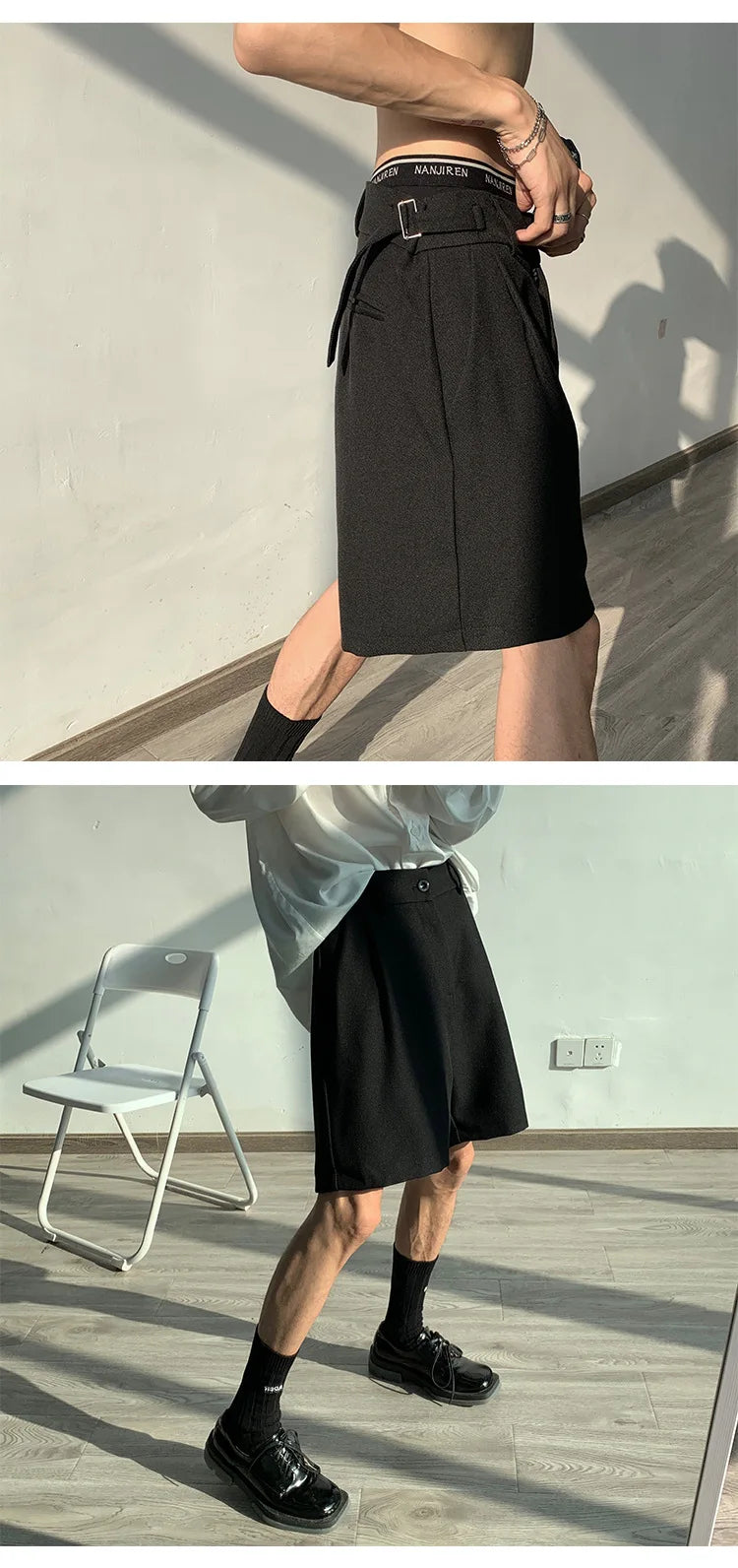 Fashion Casual Shorts Men Summer Korean Chic Wide Leg Trousers Male Knee-length Sashes Draped Loose Retro Popular High Street