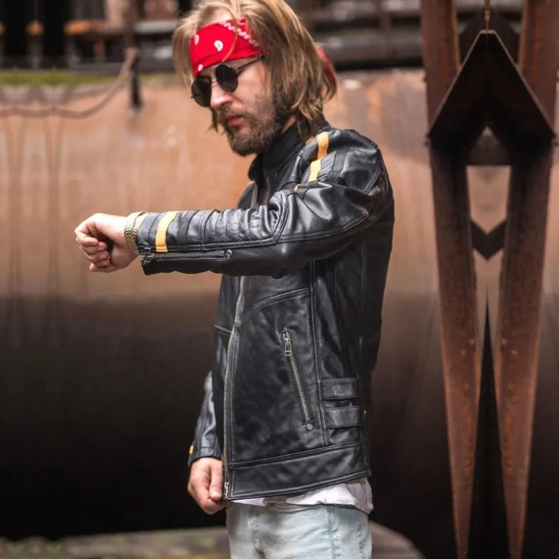Fashion Mens Slim Fit Sheepskin Motorcycle Biker Jacket Side Striped Short Stand Collar Windproof Coats Genuine Leather Jacket