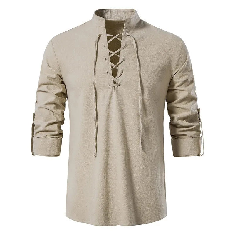 Men's Retro Hippie Beach T Shirt-Summer Casual Short Sleeve Tops Breathable Twill Cotton Linen Stand Collar Henry Drawstring