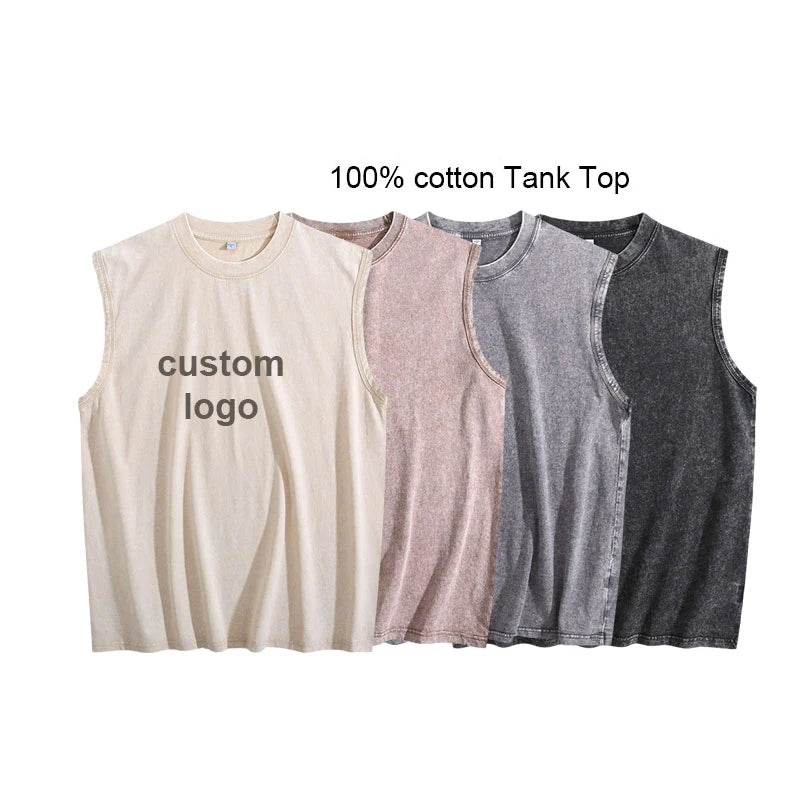 Print on Demand  Dropshipping Sports Gym 210 Gsm Cotton Washed Vintage Sleeveless Men's tank Tops