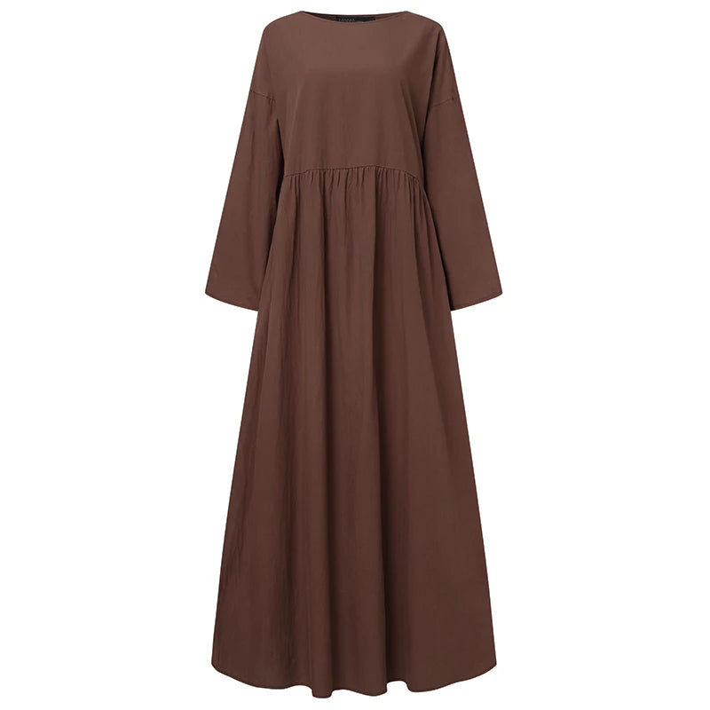 Autumn Women Sundress ZANZEA 2023 Vintage Solid Dresses Female Cotton Robe Casual Long Sleeve Pleated Maxi Vestidos Kaftan