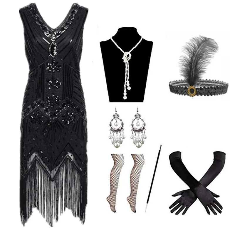 Halloween Cosplay Dress for Women 1920s Vintage Flapper Long Fringe Beaded Gatsby Party Dress With 20s Accessories Set