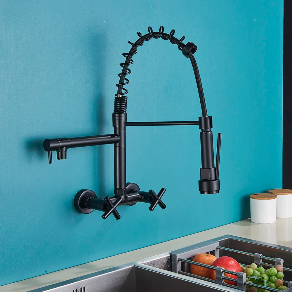 Chrome Spring Kitchen Faucet 360 Rotation Pull Down Hand Sprayer with Buckle Kitchen Taps Wall Mounted Cold Hot Water Mixer Taps