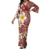 Hot Selling Flower Polynesian Tribal Bell Sleeve V Neck Long Maxi Slit Dress Custom Plus Size Womens Dresses Island Style Dress