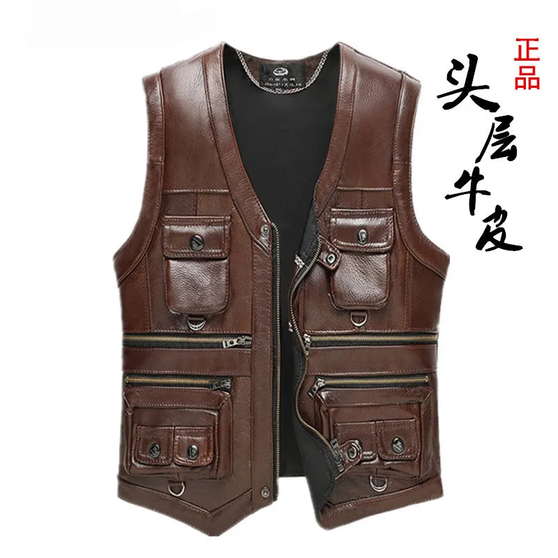Spot Wholesale High Quality First Layer Cowhide Multi-pocket Tactical Sleeveless Jacket Knight Street Retro Motorcycle Vest Men