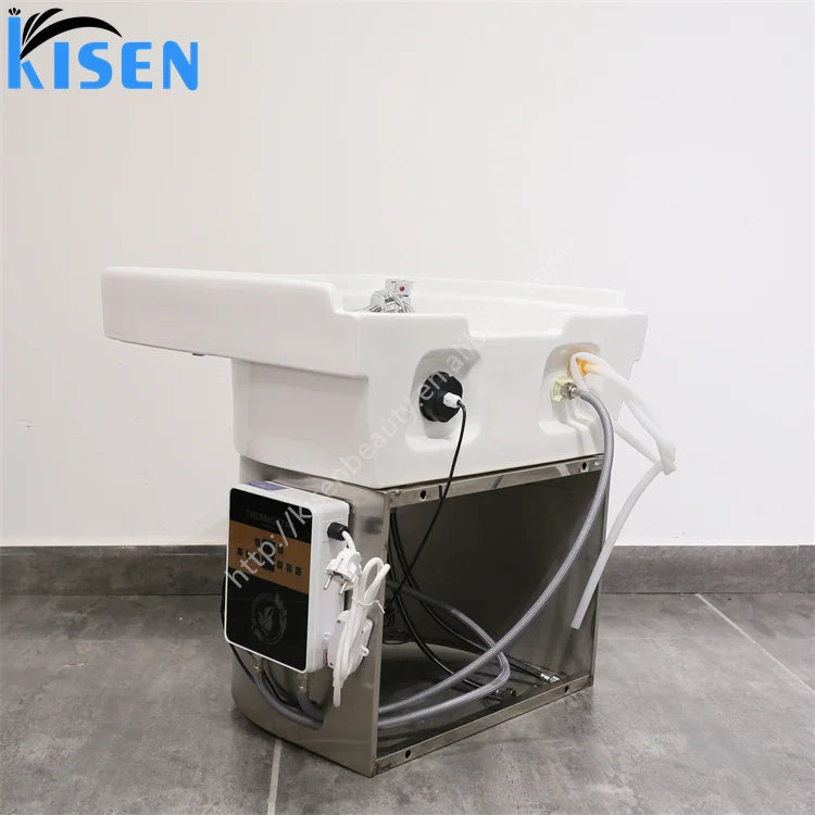 Kisen salon sink shampoo basin ceramic bowl stainless steel base use with shampoo bed massage table with plumbing
