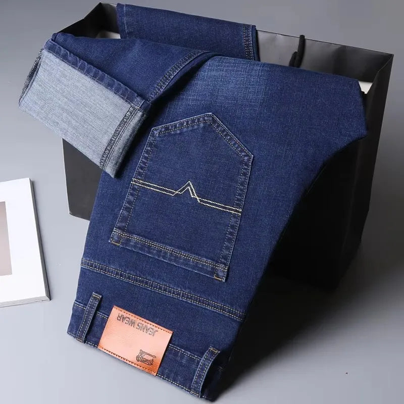 Luxurious Quality High Waist Fleece Lined Loose Stretch Multi-pocket Extra Large Spring Autumn Winter Men's Straight Leg Jeans