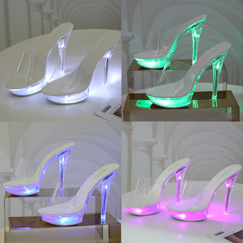 Fashion Summer Led Lights Sandals Women Clear Transparent Party Thin High Heels Platform Shoes Female Luminous Slippers WS308