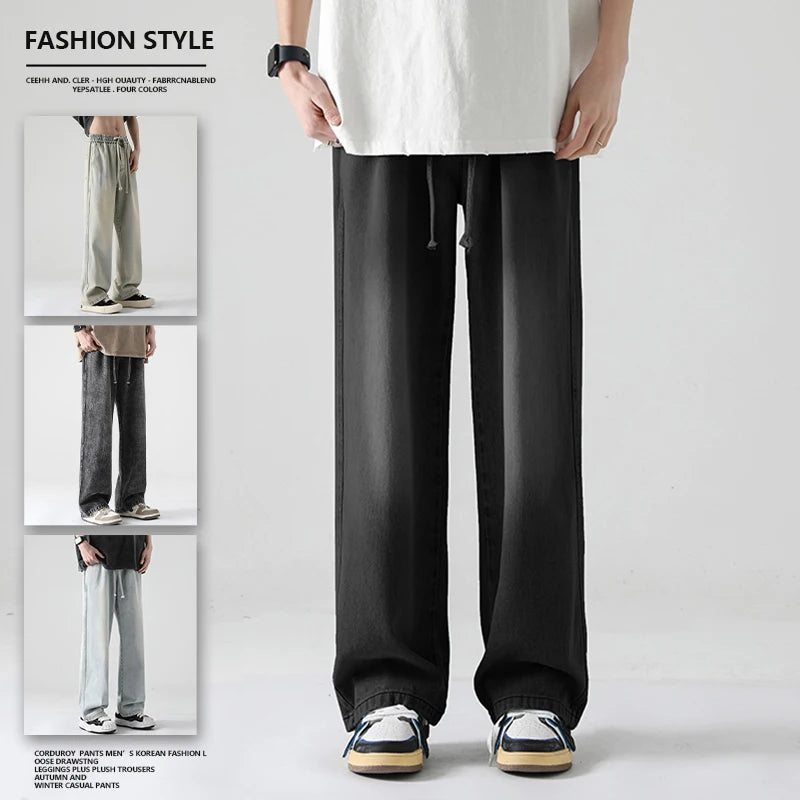 ANSZKTN Men Summer Cotton Lose Jeans Stretchy Casual Mid Waist Plus Size Elastic Band Men's Denim Wide Leg Jeans Pants