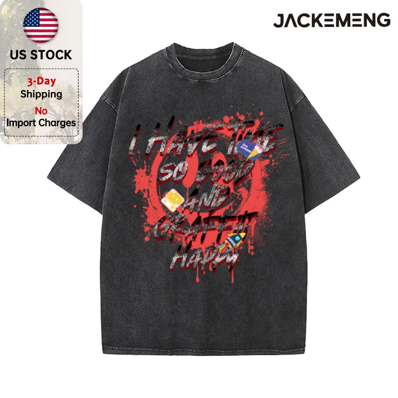 Oversized Washed Retro Graffiti Text Streetwear Print Tshirt USA Stock Wholesale Y2K Casual Tee