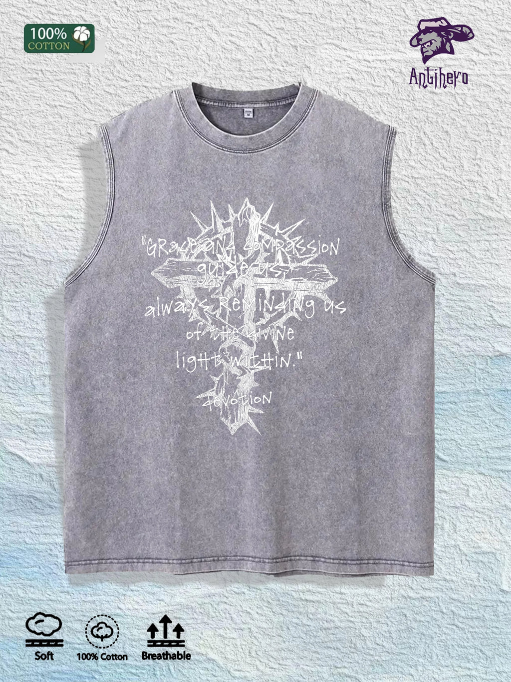 Grace Compassion Cross Graphic Washed Vest US Warehouse 3 Colors Cotton Tank